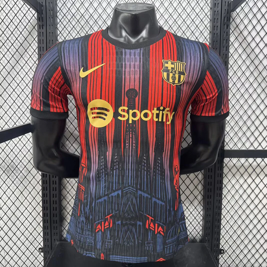 25/26 Barcelona Special Player Version Black Red Blue Gradient Stripes Soccer Jersey