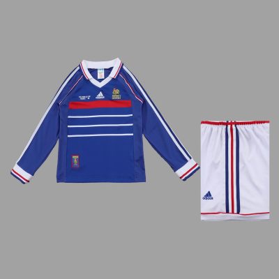 1998 France Home Long Sleeve Kids Retro Soccer Jersey Size 16-28