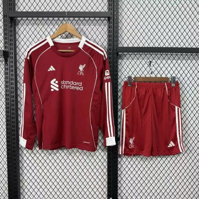25/26 Liverpool Home Long Sleeve Kids Soccer Jersey Size 16-28