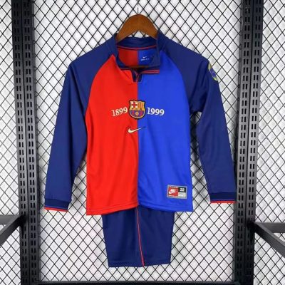 99/00 Barcelona Home Long Sleeve Kids Retro Soccer Jersey Size 16-28