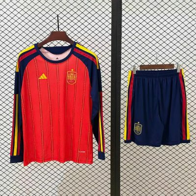 2026 Spain Home Long Sleeve Kids Soccer Jersey Size 16-28