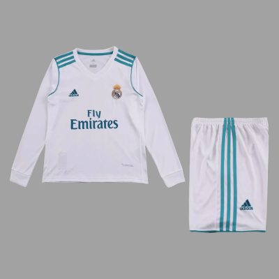 17/18 Real Madrid Home Long Sleeve Kids Retro Soccer Jersey Size 16-28