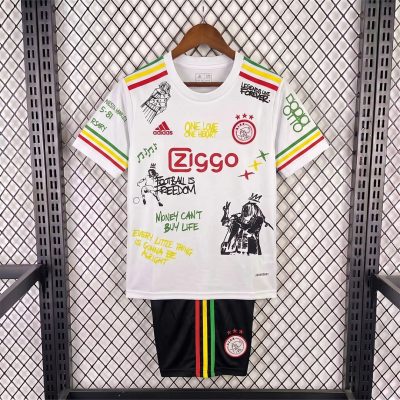 25/26 Ajax Bob Marley White Kids Soccer Jersey Size 16-28